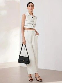 MOTF PREMIUM 纯色通勤简约时尚金属扣翻盖单肩包，多功能，女士包包优雅，奢华 - 黑色 - 查看 9