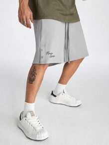Manfinity NXTstreet Men's Loose Fit Straight Knit Shorts Printed With English Letters, Suitable For Summer - Grey - View 7