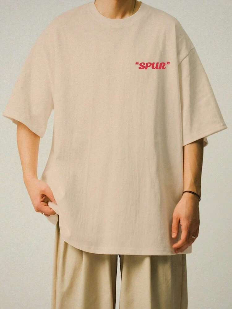 Men's Summer Loose-Fit Letter Printed Round Neck Tee With Drop Shoulder Sleeves Back To School