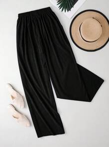 SHEIN Women's Casual Solid Color Wide Leg Baggy Pants, Loose Pants Fall Cloth For Women - Black - View 2