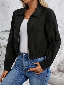 SHEIN LUNE Flip Pocket Drop-Shoulder UV Protection Functional Black Jacket - Black - View 6