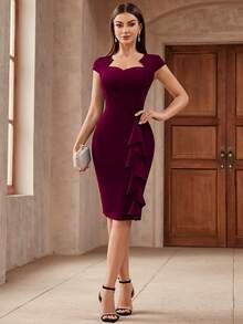 MIUSOL Elegant Solid Sweetheart Neck Ruffle Trim Cocktail Party Fitted Dress - Burgundy - View 8