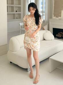 DAZY Women's Ditsy Floral Puff Sleeve Summer Dress Sundress