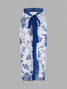 Swim Oasis 女士夏季海灘度假花卉印花肩結一件式泳衣和遮陽裙組合套裝