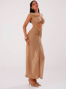 MUSERA 镂空褶皱长款连衣裙，优雅春夏度假派对长裙，毕业舞会礼服 - 咖啡 - 查看 4