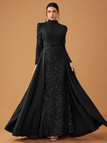 YISIKADO Women Formal Evening Gown Elegant Sequin Patchwork Satin Stand Collar Long Sleeve Dress Black Prom Wedding Guest Dress, For Graduation, Dinner Party Dress