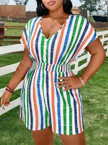 Calvaya Bộ áo liền quần sọc đầy màu sắc cỡ lớn có trang trí nút gỗ ở ngực trước - Nhiều màu - Xem 7