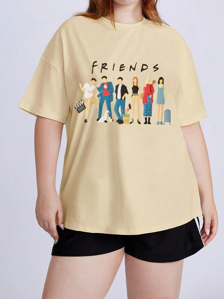 FRIENDS X SHEIN Plus Size Casual Loose T-Shirt, With Cartoon Color Block Character Art Print, Summer - Khaki - View 2