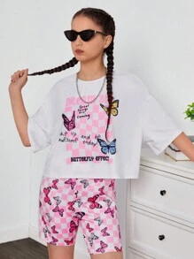 SHEIN Áo phông rộng rãi và quần đi xe đạp bó sát dành cho nữ tuổi teen Bộ 2 bộ thể thao thông thường - Hồng - Xem 4