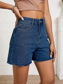 Slant Pocket Raw Hem Denim Shorts - Dark Wash - View 6