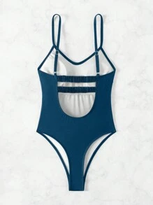 Swim SXY Solid Cut Out Back One Piece Swimsuit Summer - Teal Blue - View 3