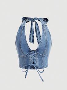 SHEIN MOD 前綁帶露背牛仔上衣 - 淺色水洗藍 - 查看 1