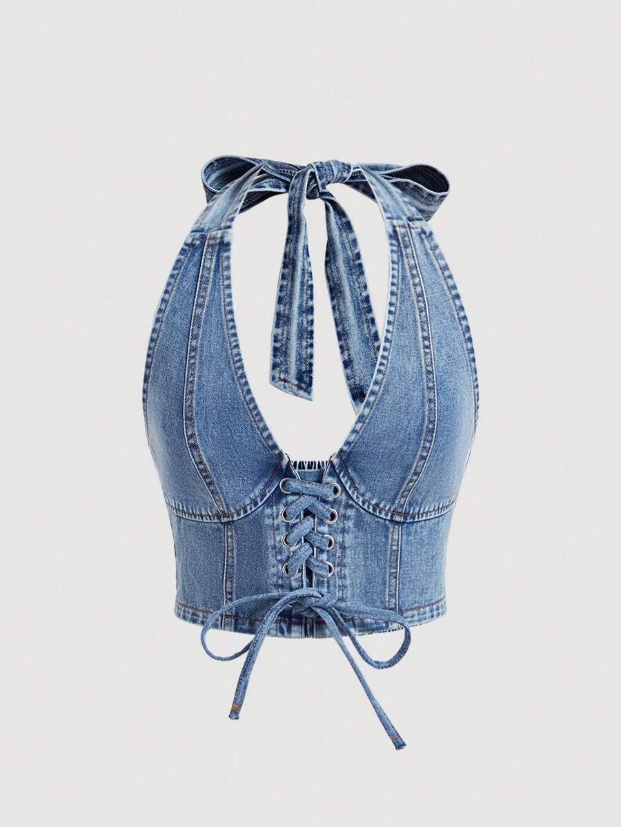 SHEIN MOD 前綁帶露背牛仔上衣 - 淺色水洗藍 - 查看 1