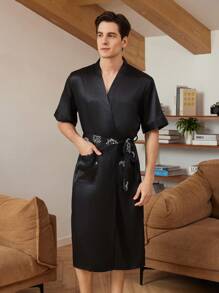 男士純色綁帶緞面浴衣 - 黑色 - 查看 3