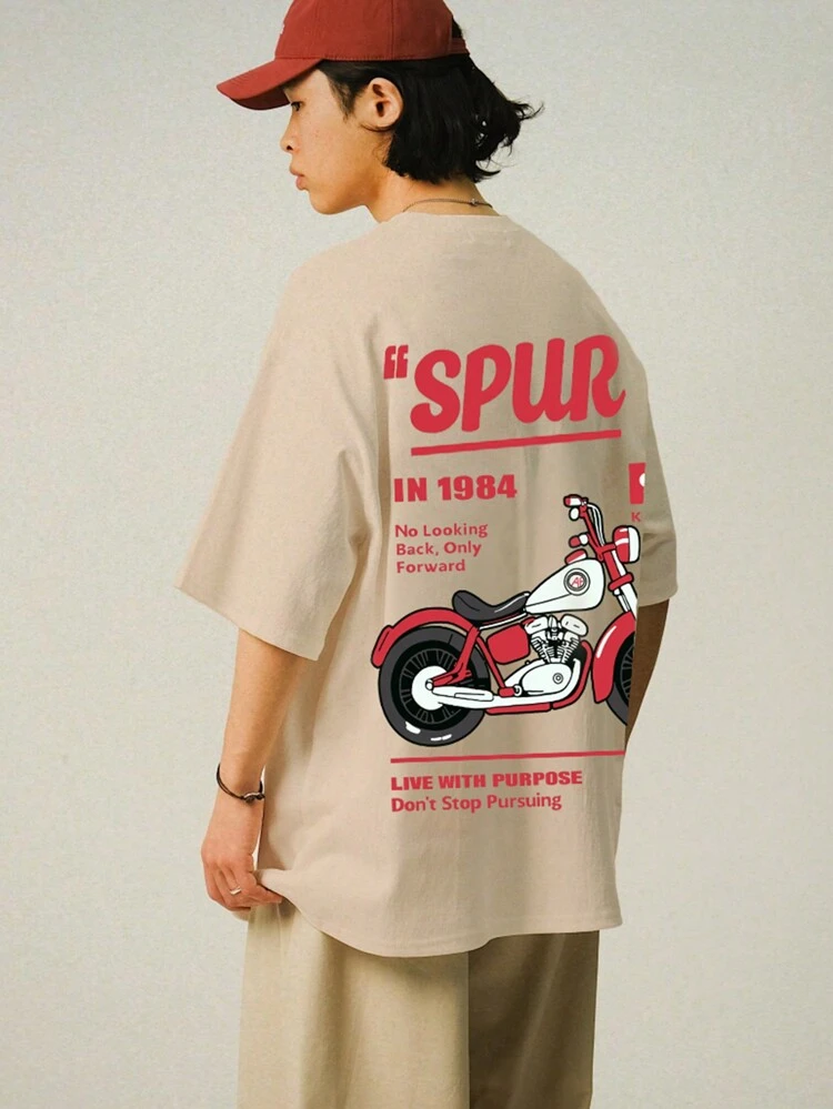 Men's Summer Loose-Fit Letter Printed Round Neck Tee With Drop Shoulder Sleeves Back To School