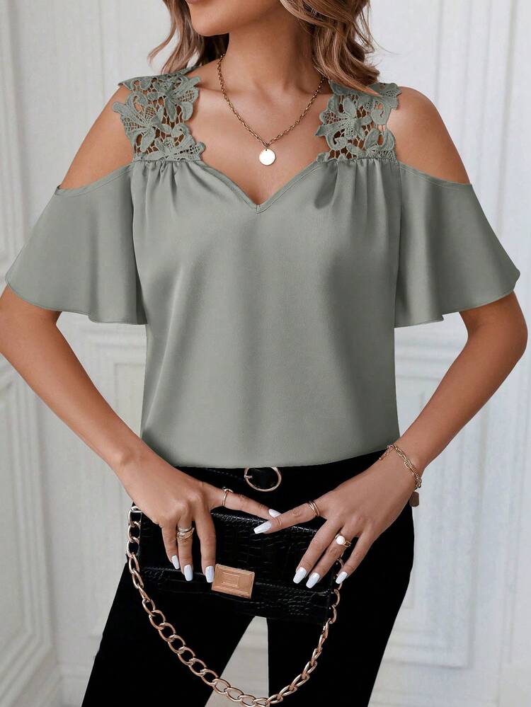 SHEIN Clasi 純色蕾絲拼接露肩女式夏季上衣 - 橄欖綠 - 查看 7