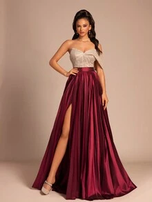 新款V领撞色拼接侧开衩后拉链高端优雅晚礼服派对礼服婚礼宾客礼服正式礼服春季 - 酒紅色 - 查看 4