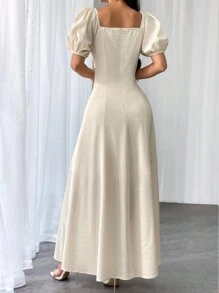 SHEIN Privé 女士純色簡約日常泡泡袖連身裙 - 杏色 - 查看 2