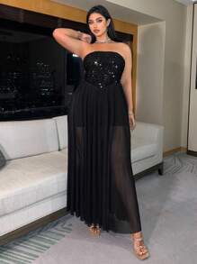 NU&NOW فستان كبير الحجم بتصميم تباين الشبك والترتر حافة عالية بفتحة في الذيل لحفلات الموسيقى والحفلات المسائية، للنساء كاملة الطول