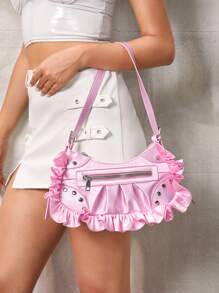 SHEIN ICON 女性時尚個性化Y2K粉色蕾絲機車風hobo肩背包，適用於街頭時尚和酷女孩 - 粉色 - 查看 6