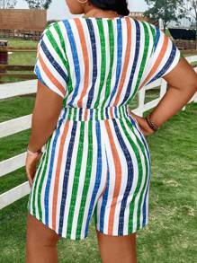 Calvaya Bộ áo liền quần sọc đầy màu sắc cỡ lớn có trang trí nút gỗ ở ngực trước - Nhiều màu - Xem 2