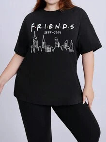 FRIENDS X SHEIN Plus Size Black Casual Loose Drop Shoulder T-Shirt With Simple Line Drawing Architecture And Letter Print, Summer FRIENDS 1994-2004