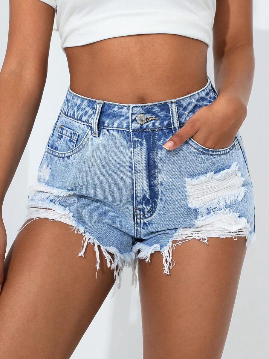 SHEIN PETITE 夏季破洞生邊牛仔短褲