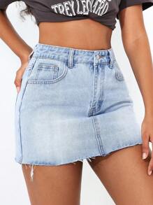 SHEIN PETITE 夏季休閒原邊荷葉邊牛仔裙 - 淺色水洗藍 - 查看 6