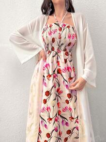 Modelyn 花卉印花吊带连衣裙和前开襟外套两件套 - 紅色 - 查看 1