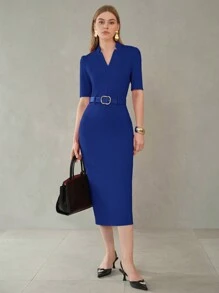 MOTF PREMIUM V NECK STRUCTURED BELTED FITTED DRESS - Royal Blue - View 7