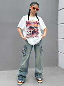 SHEIN Thiếu niên cô gái Đồ họa ô tô và chữ cái Áo thun - trắng - Xem 4