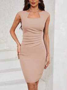 SHEIN Clasi Summer Sleeveless Solid Color Bodycon Dress With Notch Neckline And Ruffled Hem For Women