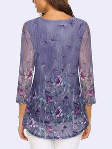 CheersLife Women's 3/4 Sleeve Cinched Waist Top, Casual Loose Printed Blouse, Layered Ruffle Mesh Shirt - Violet Purple - View 2