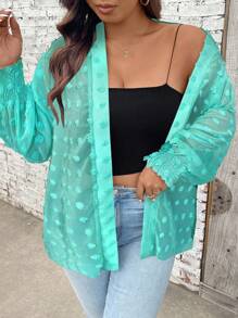 Calvaya Plus Swiss Dot Drop Shoulder Open Front Coat - Green - View 3