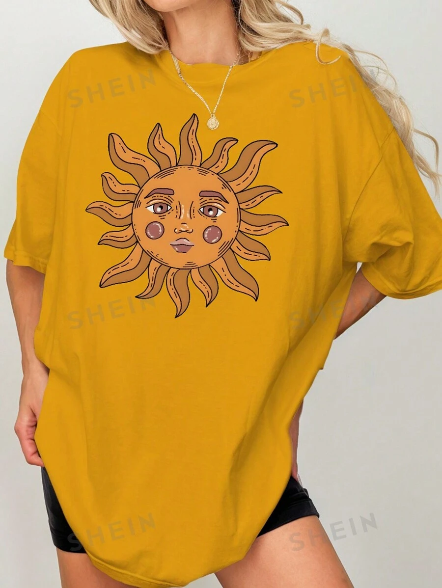 SHEIN MOOSTA Camiseta de hombro caído con estampado de sol