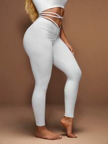 Slayform 女士純色交叉綁帶和皺摺修身運動褲