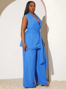 SHEIN SXY 大码女式纯色无袖西装外套套装，秋冬日常穿着