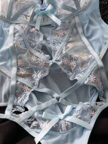 Women's Sexy Embroidered Bodysuit - Blue - View 7