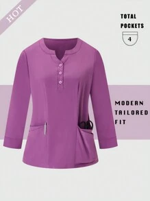 TaskEZ 柔软舒适的半纽扣磨砂制服上衣 - 紫色 - 查看 1