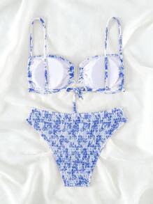 SHEIN Swim Floral Print Smocked Cut Out Bikini Set Summer - Multicolor - View 2
