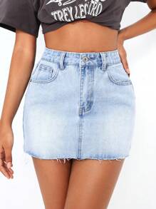 SHEIN PETITE 夏季休閒原邊荷葉邊牛仔裙 - 淺色水洗藍 - 查看 2