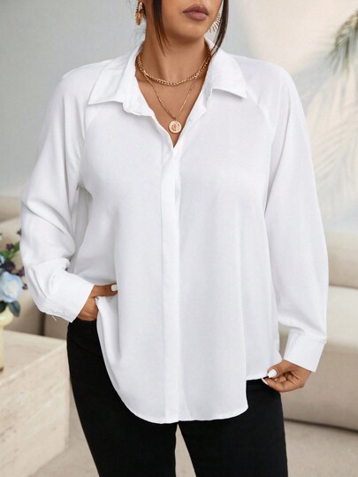 EMERY ROSE Plus Size White Long Sleeve Minimalist Asymmetrical Hemline Button-Front Shirt Fall Cloth For Women