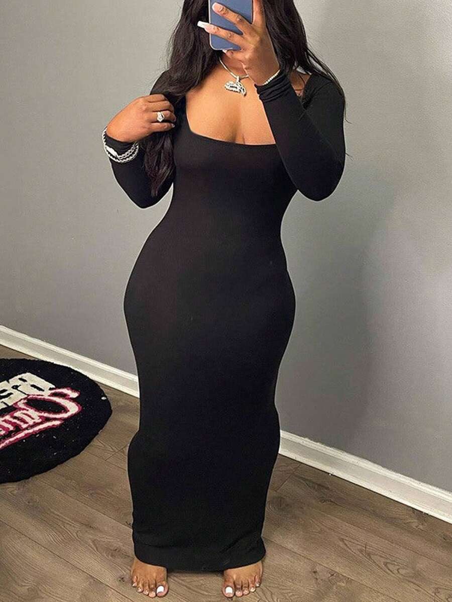 SHEIN Đầm dài tay đơn giản hàng ngày màu trơn cho nữ cỡ lớn - màu đen - Xem 1