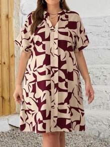 EMERY ROSE Robe chemise décontractée avec motif géométrique à manches courtes pour femme grande taille, été - Rouge foncé - Voir 3