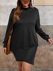 SHEIN VCAY Plus Size Solid Color Stand Collar Long Sleeve Summer Dress - Black - View 3