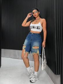 SHEIN ICON Quần short denim đau khổ hàng ngày màu trơn đơn giản dành cho nữ Plus Size - Màu xanh lam - Xem 5