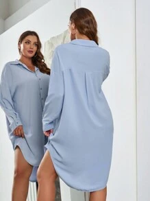 SHEIN Essnce 女裝大碼藍色插肩衫裙，長款式 - 藍色 - 查看 7