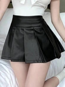 DAZY Women's Solid Color Pleated PU Skirt, Summer Leather Skirt - Black - View 7