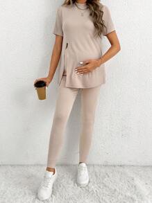 SHEIN Maternity Daily Casual Wear, 2pcs Ribbed Stand Collar Top With Split Hem Pants, Solid Color Slim Fit - Apricot - View 4