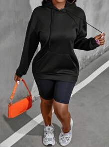 Calvaya Plus Size Slogan Graphic Kangaroo Pocket Drawstring Sweatshirt - Black - View 5